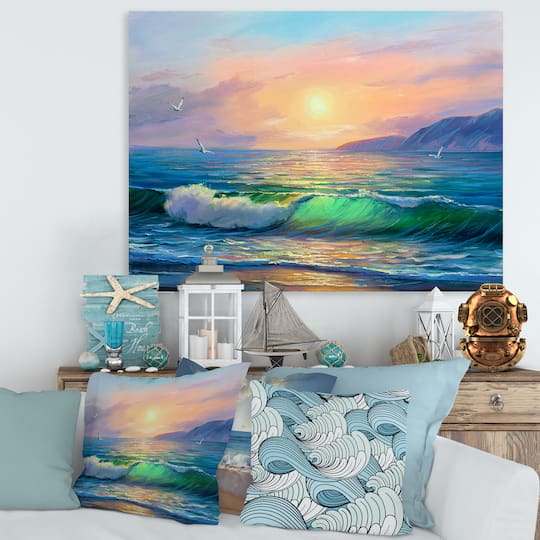 Designart - Blue Waves Breaking At The Beach V